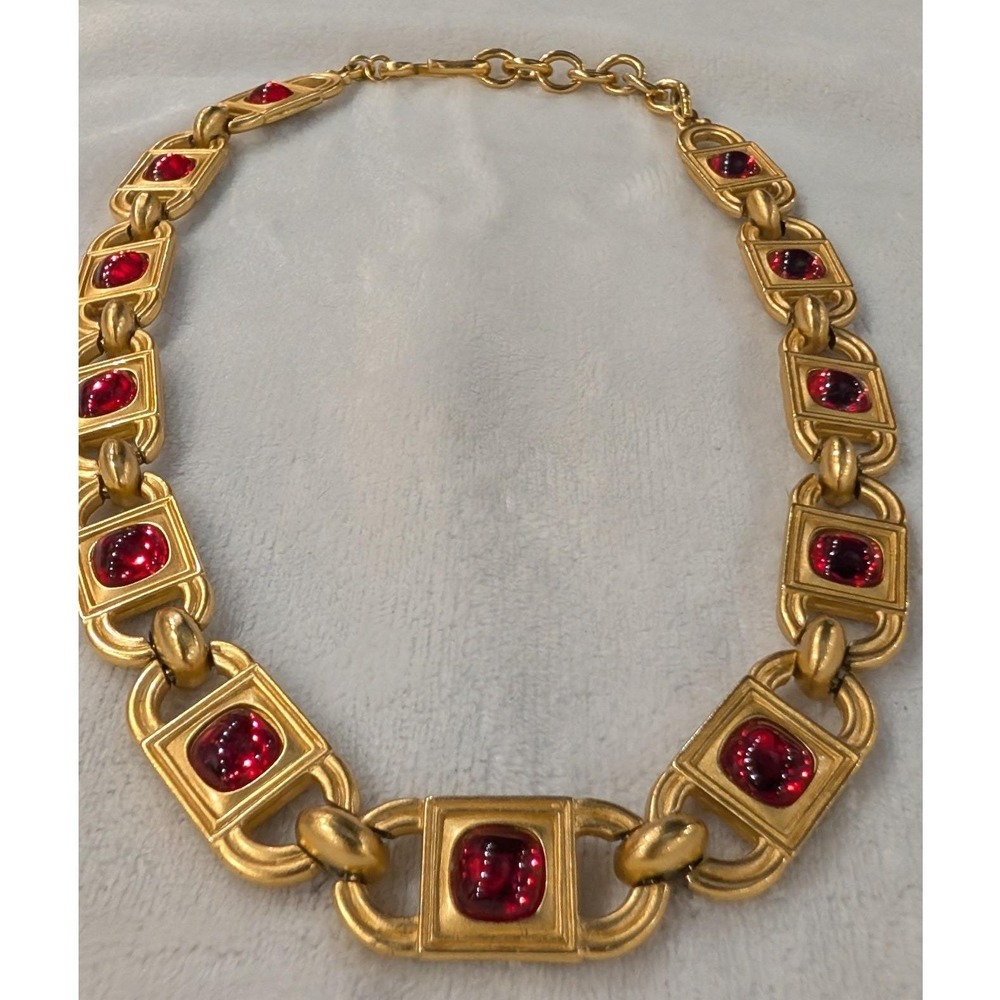 Vintage Monet for YSL Gold Tone Ruby Red Cabochon Link Choker Necklace 17"